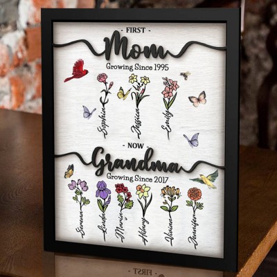 First Mom Now Grandma Wooden Sign Personalized Birth Month Flowers Gift From Kids For Mom Grandma Birthday Mother's Day
