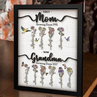 First Mom Now Grandma Wooden Sign Personalized Birth Month Flowers Gift From Kids For Mom Grandma Birthday Mother's Day