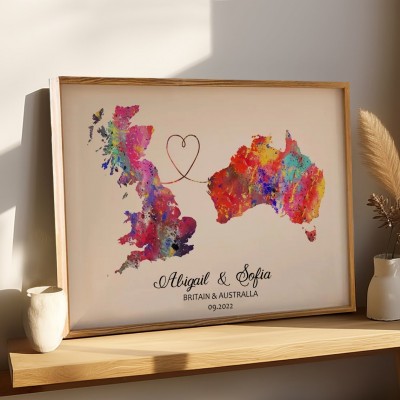 Personalized Two Countries Location Map Wooden Sign Gift For Valentine's Day Wedding Anniversary Birthday