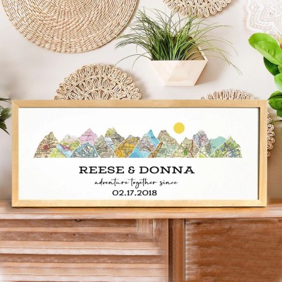 Personalized Mountain Adventure Travel Map Wall Art Wooden Frame Decor Keepsake Unique Gift For Couple Valentine's Day