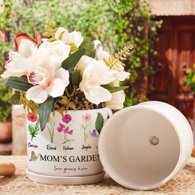 Personalized Mama's Garden Outdoor Flower Pot With kids Name and Birth Flower For Mother's Day