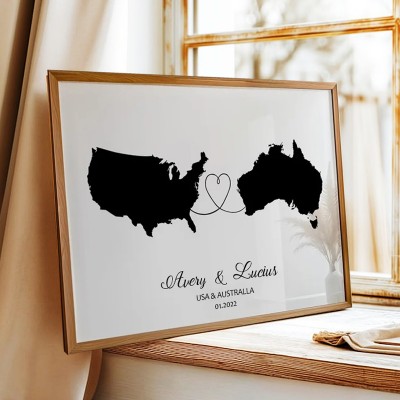 Personalized Two Countries Location Map Wooden Sign Gift For Valentine's Day Wedding Anniversary