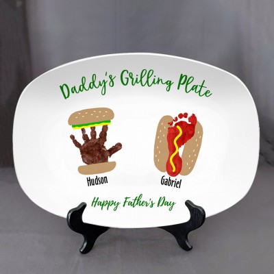 Personalized Burger Hot Dog Handprint Footprint Plate With Name For Father's Day