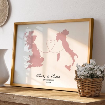 Personalized Two Countries Location Map Wooden Sign Gift For Valentine's Day Wedding Anniversary