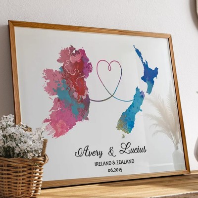 Personalized Two Countries Location Map Wooden Sign Gift For Valentine's Day Wedding Anniversary Birthday