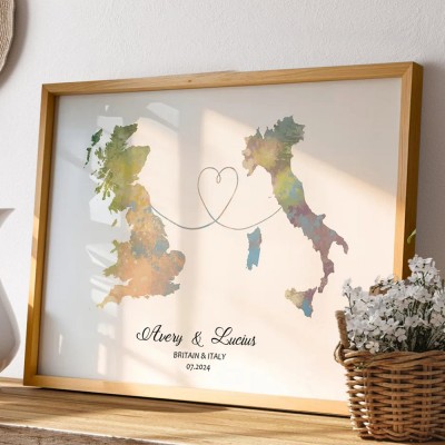 Personalized Two Countries Location Map Wooden Sign Gift For Valentine's Day Wedding Anniversary Birthday