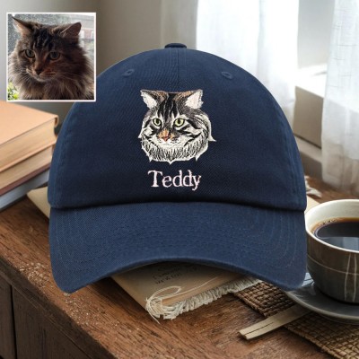 Custom Pet Cat Face Photo Embroidered Hat For Pet Lover Memorial Keepsake Gift
