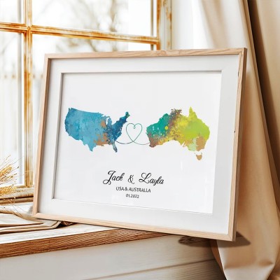 Personalized Two Countries Location Map Wooden Sign Gift For Valentine's Day Wedding Anniversary Birthday