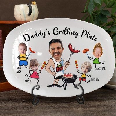 Personalized Daddy's Grilling Plate with Kids Name and Photo for BBQ King Dad Father's Day Gift