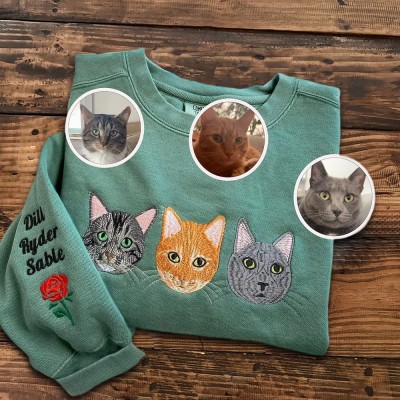 Custom Cat Face Portrait Embroidered Sweatshirt Gift for Cat Lover