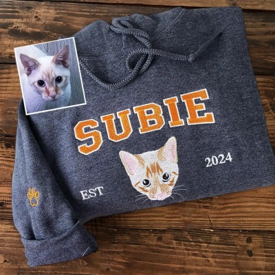 Custom Cat Face Photo Embroidered Hoodie Sweatshirt For Pet Lover Keepsake Gift