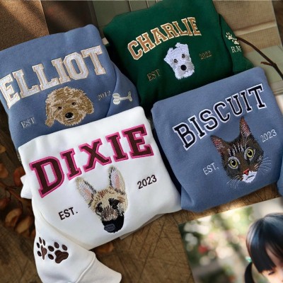 Custom Dog Cat Face Photo Embroidered Hoodie Sweatshirt For Pet Lover Keepsake Gift