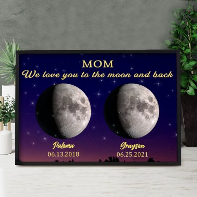 Custom Universe Moon Phase Print Frame With Kids Dates For Mother's Gift Ideas
