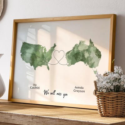 Personalized Two Countries Location Map Wooden Sign Gift For Valentine's Day Wedding Anniversary