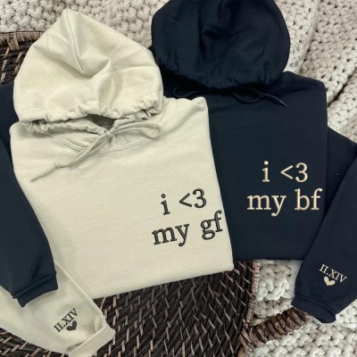 Custom Embroidered I Love My Girlfriend Boyfriend Couple Matching Hoodie For Anniversary Valentine Gift