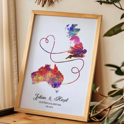 Personalized Two Countries Location Map Wooden Sign Gift For Valentine's Day Wedding Anniversary