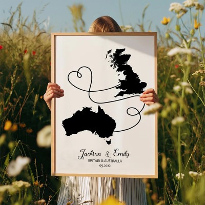 Personalized Two Countries Location Map Wooden Sign Gift For Valentine's Day Wedding Anniversary