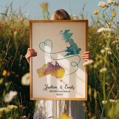 Personalized Two Countries Location Map Wooden Sign Gift For Valentine's Day Wedding Anniversary