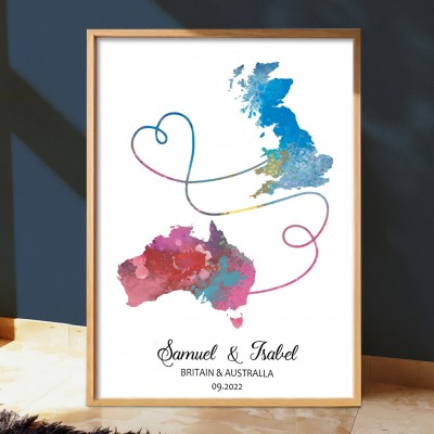 Personalized Two Countries Location Map Wooden Sign Gift For Valentine's Day Wedding Anniversary