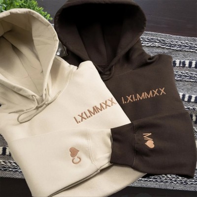 Custom Embroidered Roman Numeral Hoodie With Initial On Sleeve For Couple Anniversary Valentine Gift
