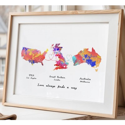 Personalized Three Countries Location Map Wooden Sign Gift For Valentine's Day Wedding Anniversary