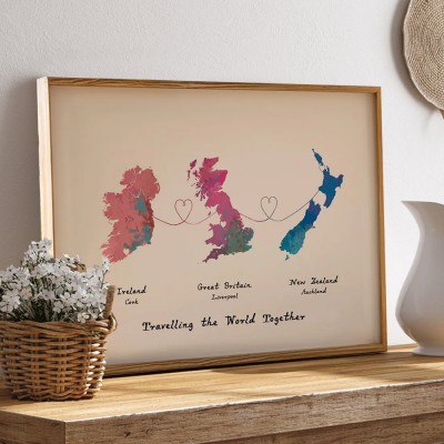 Personalized Three Countries Location Map Wooden Sign Gift For Valentine's Day Wedding Anniversary