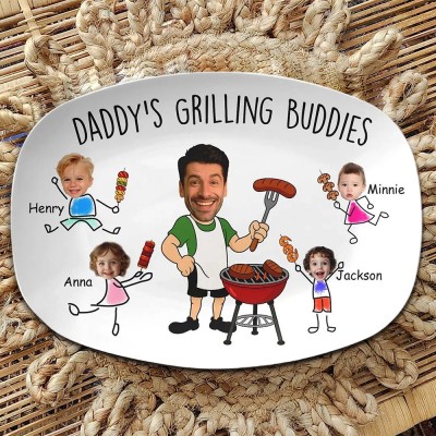Custom Daddy's Grilling Buddies BBQ Plate with Kids Name and Photo for Dad Father's Day Gift