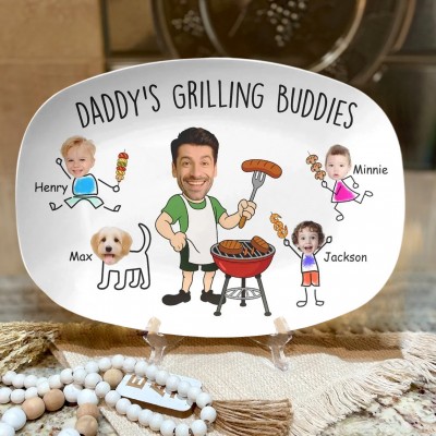 Custom Daddy's Grilling Buddies BBQ Plate with Kids Name and Photo for Dad Father's Day Gift