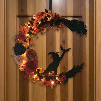 Halloween Black Cat Moon Wreath With Light