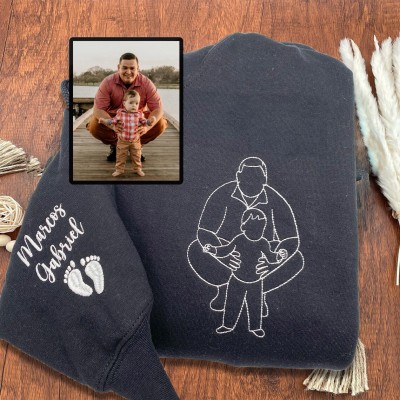 Custom Embroidered Dad Photo Outline Hoodie Sweatshirt With Kids Name On Sleeve For Father's Day Gift