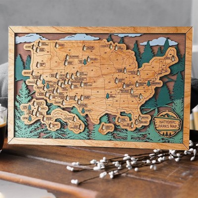 Personalized Wooden USA National Parks Travel Map Family Gift For 5th Anniversary for Hiker Nature Lovers