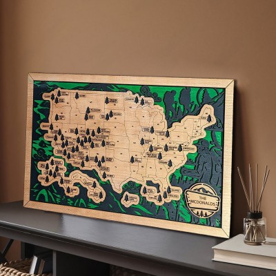 Personalized Wooden USA National Parks Travel Map Family Gift For 5th Anniversary for Hiker Nature Lovers
