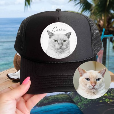 Custom Cat Face Photo Trucker Hat For Pet Lover Memorial Keepsake Gift