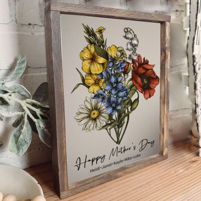 Custom Birth Flower Bouquet Frame with Kids Names For Mom Grandma Mother's Day Gift