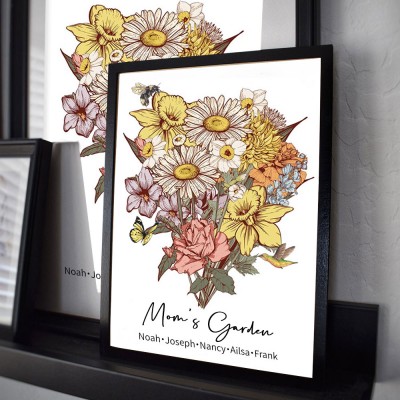 Custom Mom's Garden Birth Flower Bouquet Frame with Kids Names For Christmas Gift Ideas