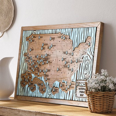 Personalized Wooden USA National Parks Travel Map Family Gift For 5th Anniversary for Hiker Nature Lovers