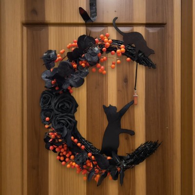 Black Cat Moon Wreath With Light