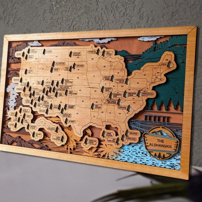 Personalized Wooden USA National Parks Travel Map Family Gift For Anniversary for Hiker Nature Lovers