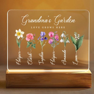 Personalized Grandma's Garden Birth Month Flower LED Night Light with Grandchildren Name For Mom Grandma Birthday Mother's Day Gift