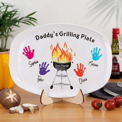 Personalized BBQ Daddy's Grilling Plate With Kids Name and Handprints For Father's Day