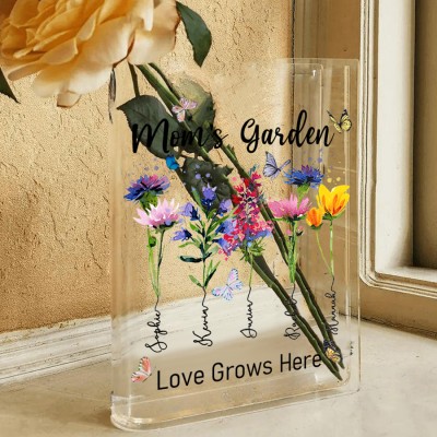 Personalized Mom's Garden Birth Month Flower Acrylic Book Vase With Kids Name For Mom Grandma Christmas Gift