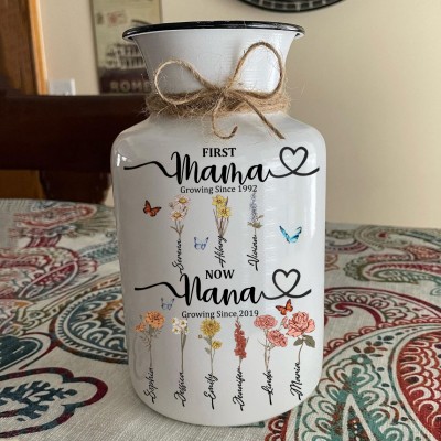 First Mom Now Grandma Personalized Birth Flower Vase With Kids Name For Mother's Day Gift Ideas