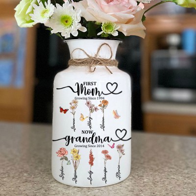 First Mom Now Grandma Personalized Birth Flower Vase With Kids Name For Mom Grandma Mother's Day Gift Ideas