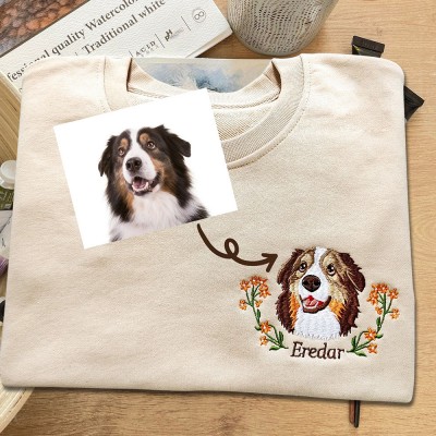 Custom Dog Portrait Embroidered Sweatshirt With Name Keepsake Gift For Pet Lovers