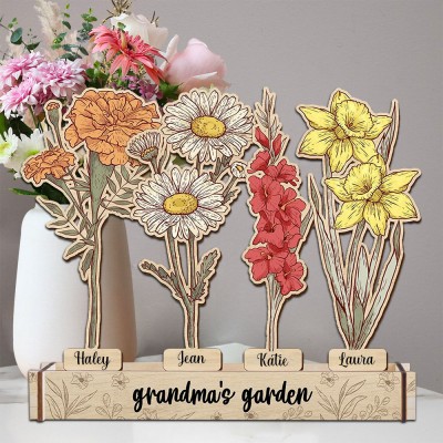 Custom Wood Birth Flower Grandma's Garden Home Decor For Family Christmas Gift