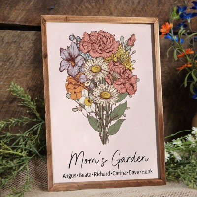 Custom Mom's Garden Birth Flower Bouquet Frame with Kids Names For Christmas Gift Ideas