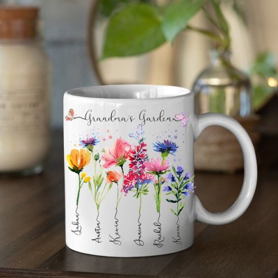 Custom Grandma's Garden Birth Flower Mug with Grandchildren Name For Christmas Family Gift Ideas