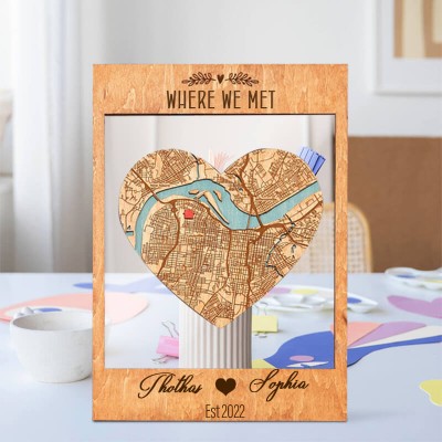 Personalized Where We Met Map Wooden Framed Wall Art Anniversary Valentine's Day Gift for Couple