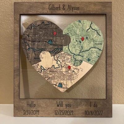 Personalized Met Engaged Married Heart Puzzle Map Wooden Framed Wall Art Anniversary Valentine's Day Gift for Couple