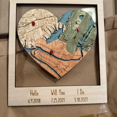Personalized Met Engaged Married Heart Puzzle Map Wooden Framed Wall Art Anniversary Valentine's Day Gift for Couple